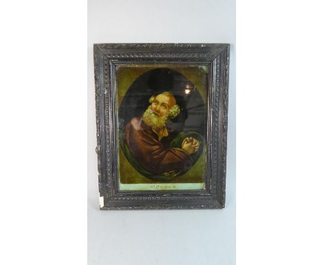 An Ebonised Framed Reverse Painting on Glass Depicting Portrait of St. Peter, 19th Century, 46cm high 