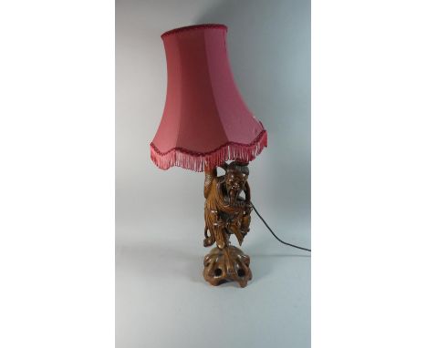 A Large Carved Chinese Rootwood Figure of a Fisherman Converted to Table Lamp, Root Carving 52cm High 