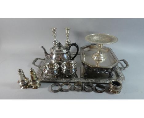 A Rectangular Silver Plated Two Handled Tray with Moulded Border Containing Tea Service, Candle Sticks, Cruet Set, Entree Dis