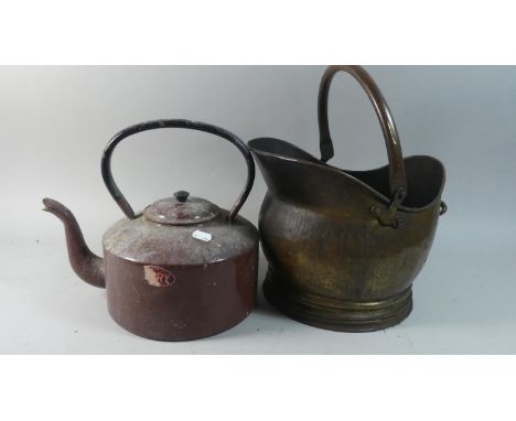 A Vintage Enamelled Kettle and a Brass Helmet Shaped Coal Bucket 