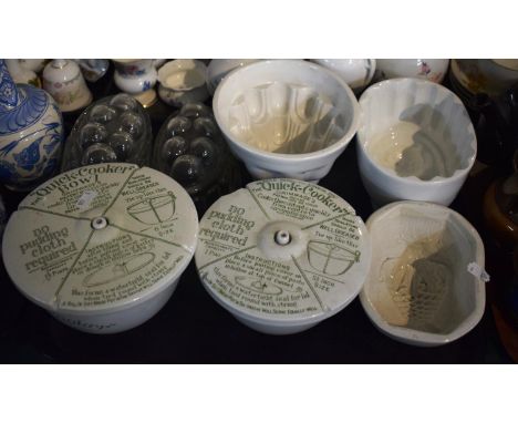 A Collection of Five Ceramic and Glass Jelly Moulds and Two Quick Cooker Bowls by Grimwade 