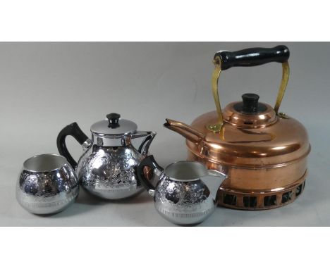 A Copper Kettle and Three Piece Chromed Tea Service 