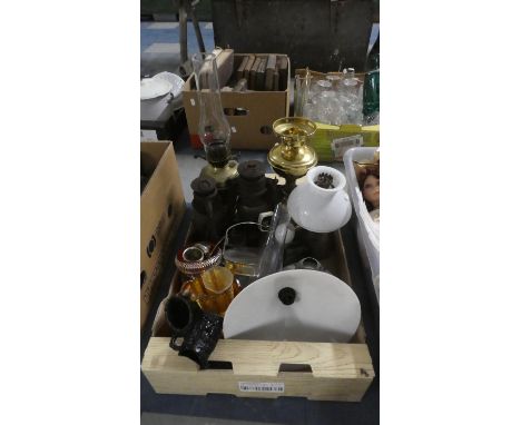 A Box Containing Vintage Glass Light Shades, Oil Lamp, Hurricane Lamps, Coloured Glassware 
