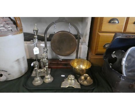 A Vintage Copper Dinner Gong with Clapper, Brass Inkwell, Bedchamber Stick and Candle Stick etc 