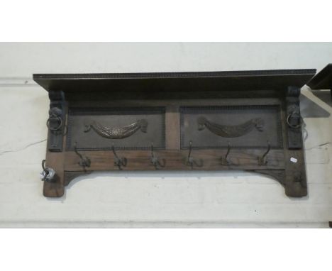 A Late 19th/Early 20th Century Wall Hanging Oak Coat Rack with Upper Shelf and Carved Decoration, 100cm Wide 