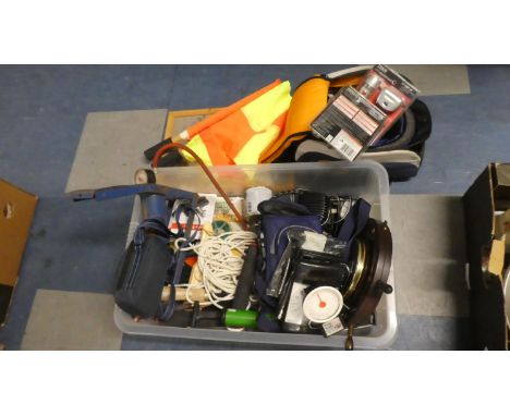 A Box of Sundries to Include Foot Pump, Electric Pump, Bicycle Helmet and Light Sets, Flags etc 