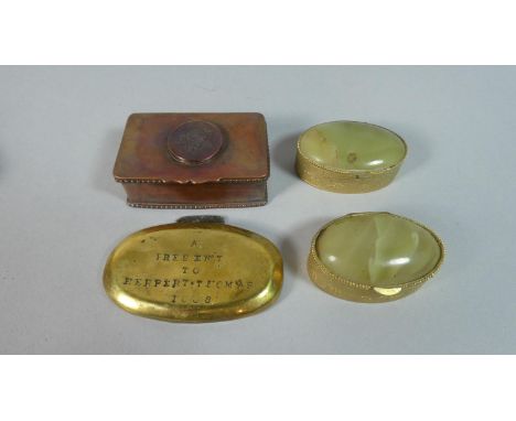 A George III Coined Topped Copper Snuff Box, Brass Snuff Box Cover Inscribed A Present to Herbert Thomas 1868 and Two Modern 