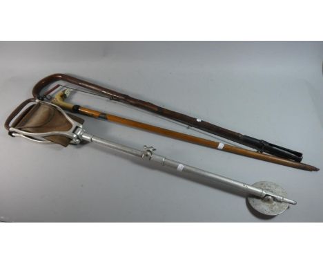A Vintage Shooting Stick, Litter Picking Walking Stick and Gstaad Black Forest Ice Stick with Deer Hoof Handle 