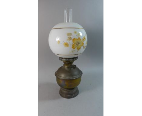 A Brass Oil Lamp with Opaque Glass Shade, 46cm High 