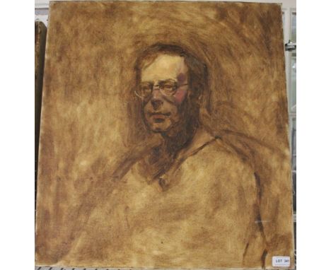 A 20th century European School, portrait study of a gentleman wearing spectacles, sepia oil study on canvas, 61cm x 56cm&nbsp