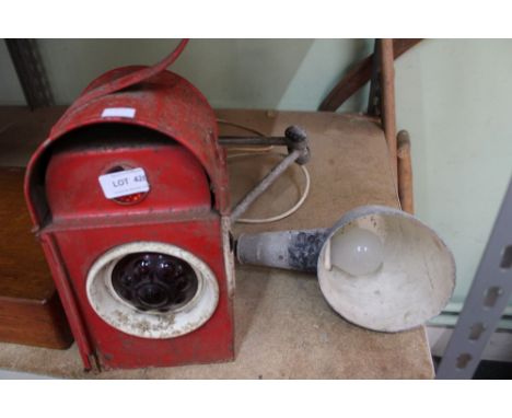 A Kenyons red painted tin warning lamp, together with an aluminium task lamp
