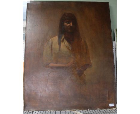 A 20th century European School, portrait of a woman, sepia oil on canvas, 97cm x 76cm