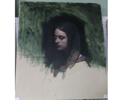 A 20th century European School, portrait study of a woman, in oil washes on canvas, 71cm x 61cm
