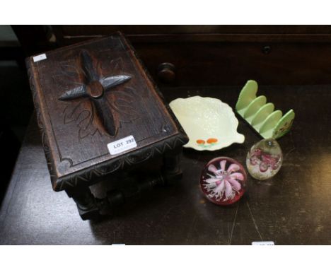 A miniature carved table, together with two paperweights, Carltonware toast rack &amp; Beswick ware leaf plate (5)