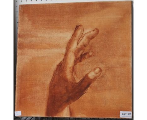 A 20th century European School, a sanguine study on canvas of a hand, reminiscent of Michelangelo Sistine Chapel, 40cm square