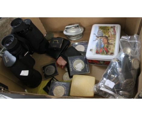 A small box containing a selection of vintage gents watches, tin full of coins, various lighters, a pair of Miranda binocular