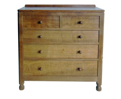 Robert "Mouseman" Thompson chest of two short and three long graduated drawers, rectangular adzed top, turned wooden handles,