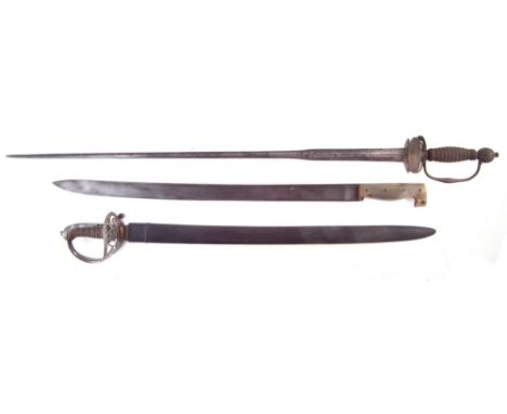 18th century Court sword, with brass guard and wire bound grip, engraved flower and scroll blade, 96cm overall length, also a