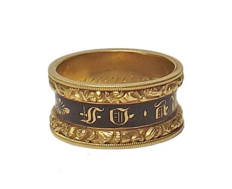 18ct yellow gold and enamel Georgian mourning ring , foliate carved border decoration, inset with black enamel channel printe