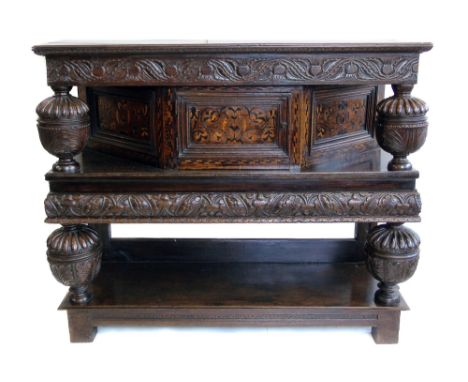 Victorian copy of a 17th century oak buffet cabinet, rectangular three plank top with carved frieze depicting Scottish thistl