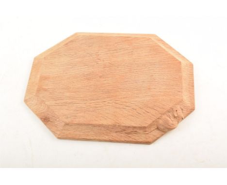 Robert "Mouseman" Thompson bread board, rectangular shape with cut corners, traditional trademark mouse, 31cm (12") x 25cm (1