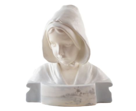 Goldscheider bust of a girl, modelled wearing Dutch costume, the base decorated with windmills, model number 2398, impressed 