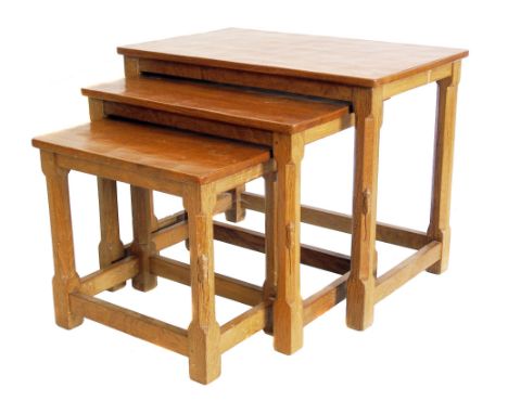 Robert "Mouseman" Thompson nest of three tables, each table with adzed finished top, standing on octagonal legs united by str