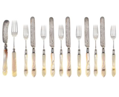 A set of silver and mother of pearl knives and forks , comprising 6 forks, 6 knives, polished mother-of-pearl handles inscrib