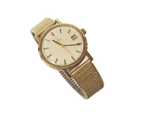 Gent's vintage 1970's Omega De Ville 9ct gold wristwatch , round white metal dial with date window, automatic Swiss jewelled 