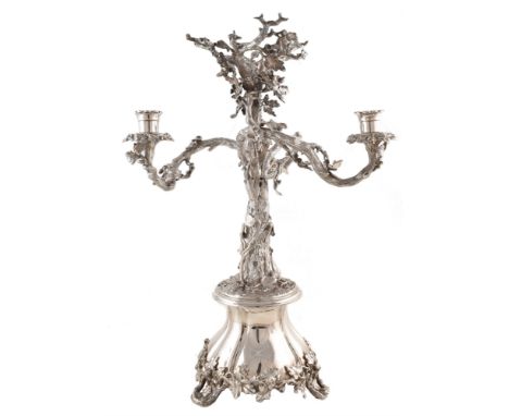 Silver plated candelabra table centrepiece in the form of an oak tree, plain polished base on three feet in the form of branc