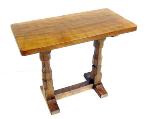 Robert "Mouseman" Thompson occasional table, rectangular adzed top standing on two substantial columns with trestle base, wid