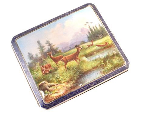 Continental silver and enamel cigarette case , rectangular form with truncated corners, hand-painted scene to lid depicting d