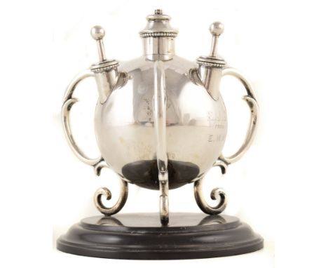 Silver spherical cigar/cigarette table lighter , height approx. 13cm, inscribed 'E.J.B from E.W.M.', the spherical bomb shape