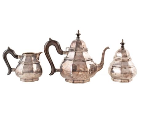 3-piece silver tea-set , teapot with octagonal baluster form stepped border to body and hinged lid, hardwood handle and knop,