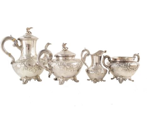 A Victorian silver four-piece tea and coffee set , teapot of squat baluster form on four scrolling feet, plain polished with 