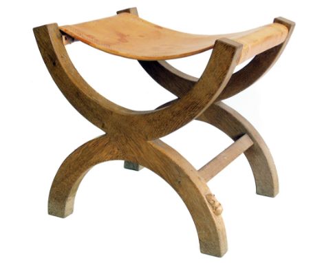 Robert "Mouseman" Thompson "X" framed dressing table stool with stitched leather seat, width 56cm (22"), height 53cm (21"), d