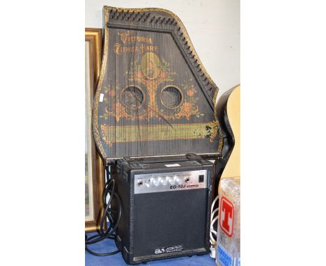 SMALL GUITAR AMP, PAIR OF SMALL SPEAKERS &amp; OLD PIANO HARP     