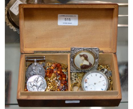 DECORATIVE WOODEN BOX CONTAINING WWI MEDALS, VARIOUS COSTUME JEWELLERY, POCKET WATCH, PORTRAIT PANEL, VARIOUS GILT CHAINS ETC