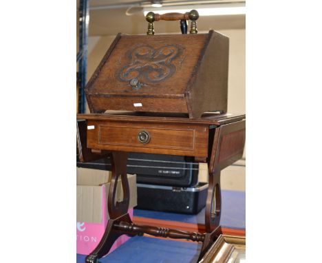 MAHOGANY DROP LEAF SOFA STYLE TABLE &amp; OAK ARTS &amp; CRAFTS STYLE COAL SCUTTLE     