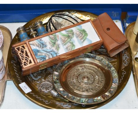 CAIRO WARE TRAY, MEXICAN SILVER DISH, MODERN ORIENTAL PORCELAIN MINIATURE SCREEN, OPERA GLASSES ETC     