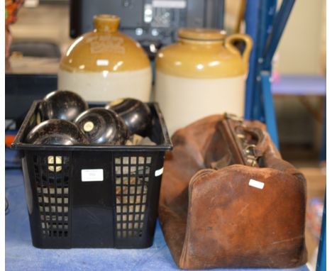 VARIOUS LAWN BOWLS, GLADSTONE STYLE BAG &amp; 2 LARGE CERAMIC JARS     