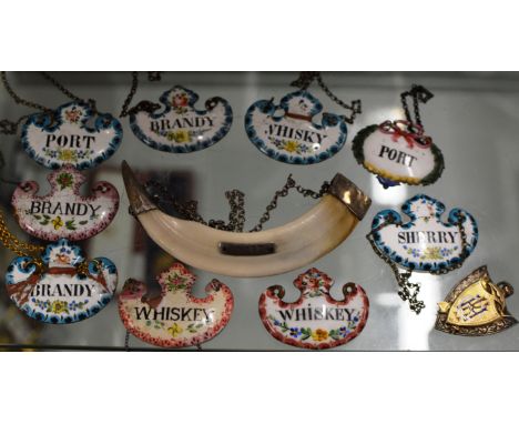 SILVER MOUNTED "PORT" DECANTER LABEL FASHIONED FROM AN ANIMALS TOOTH, 9 OLD ENAMELLED DECANTER LABELS &amp; A SILVER ENAMELLE