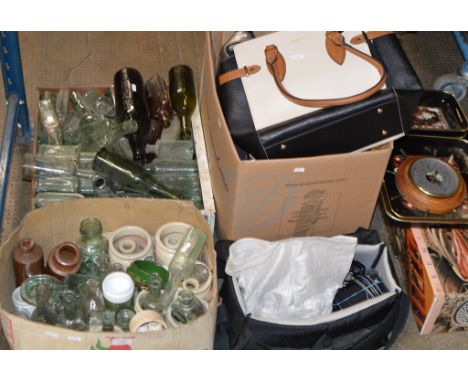 BAROMETER, VARIOUS LACQUERED TRAYS, BOX WITH HAND BAGS, SMALL HIFI ETC, BAG WITH CAMCORDER &amp; 2 BOXES WITH A COLLECTION OF