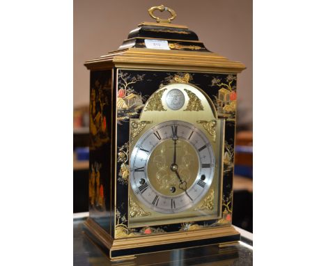 AN ELLIOT BLACK CHINOISERIE BRACKET STYLE MANTLE CLOCK, RETAILED BY MAPPIN & WEBB, WITH KEY Dimensions – 15.5” x 9” x 6” (HWD