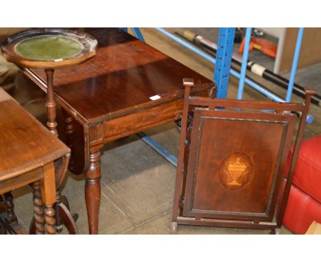 VICTORIAN MAHOGANY PEMBROKE TABLE, FIRE SCREEN &amp; PLANT STAND     