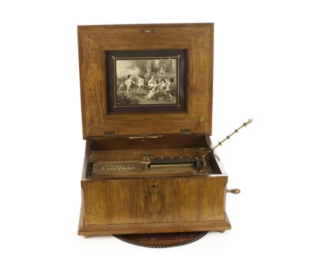 Polyphon: A 155/8 inch Polyphon disc musical box with single comb, in walnut case with inlaid lid panel and internal monochro