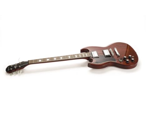 Gibson / Epiphone:  A left handed SG G400 electric guitar, cherry finish with chrome hardware, made in Korea serial number U0