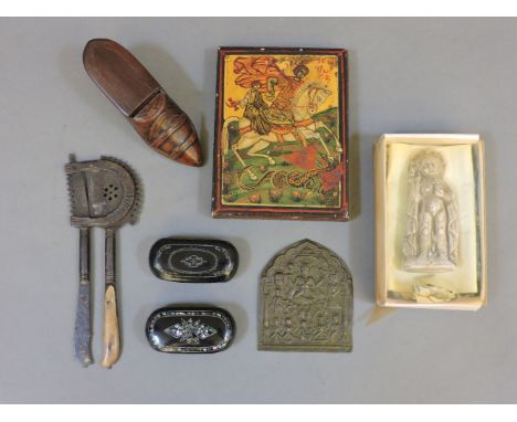 Two papier mâché snuff boxes, with inlaid decoration, a treen shoe shaped snuff box, a plaster figure After the Antique, etc
