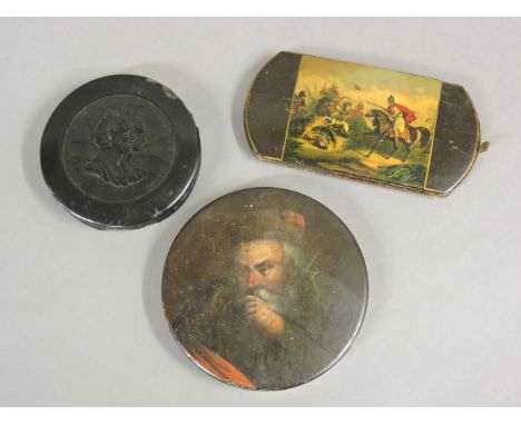 A Victorian papier mâché case, with printed portrait and battle scene, a lid painted with a bearded man, and a William IV and
