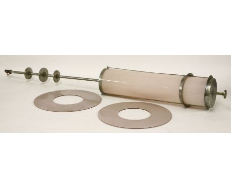 A 1930s pink glass hanging lamp, with a pink cylindrical shade, with two glass discs, 100cm high